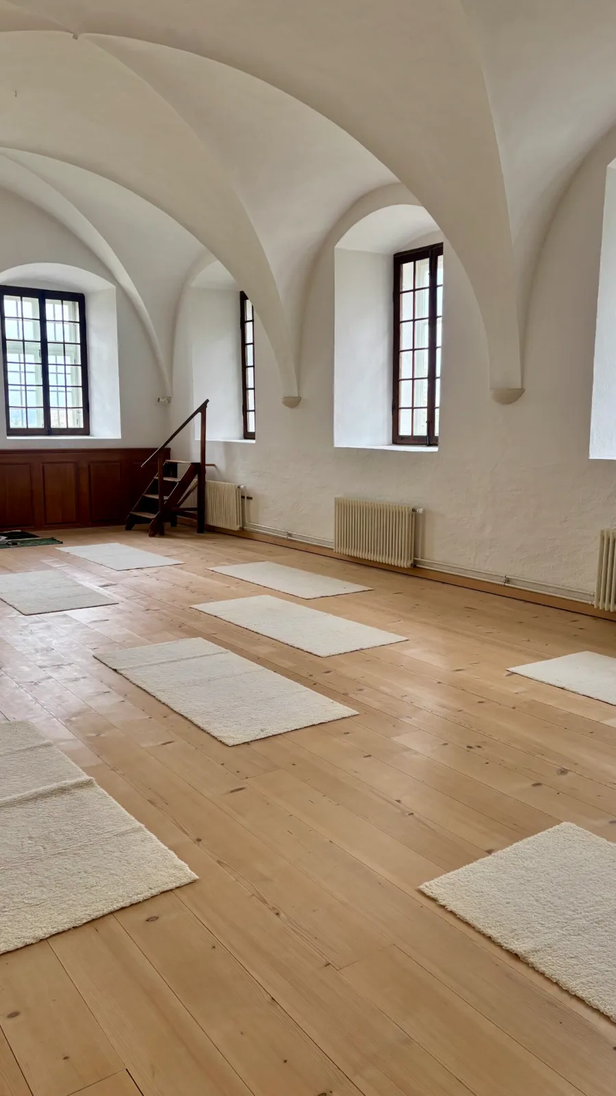 Salle de pratique lumineuse avec tapis de sol installés